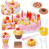 75PCS Birthday Cakes Toy Cutting Play Cake Desserts Ice Cream Pudding and Cookie Toys Pretend Play Food Birthday Party Cake with Candles and Plates for Princess Birthday Party 3 Years+