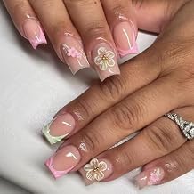 3D Flower Press on Nails False Nails Medium Square Coffin Fake Nails Spring Floral French Tip Acrylic DIY Full Cover Artificial Manicure 24 Pcs