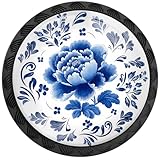 Artinhand 4 Stück blaue und weiße Porzellan-Knäufe mit Pfingstrosenblüten und Blättern, runde Schubladengriffe, schwarze Kommodenknöpfe, Schranktürgriffe, Hardware für Küche, Badezimmer, Schränke
