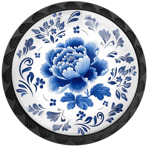 Artinhand Lot de 4 boutons de placard en porcelaine bleu et blanc avec fleurs de pivoine - Tiroirs ronds, boutons de commode noirs, poignées de porte de...