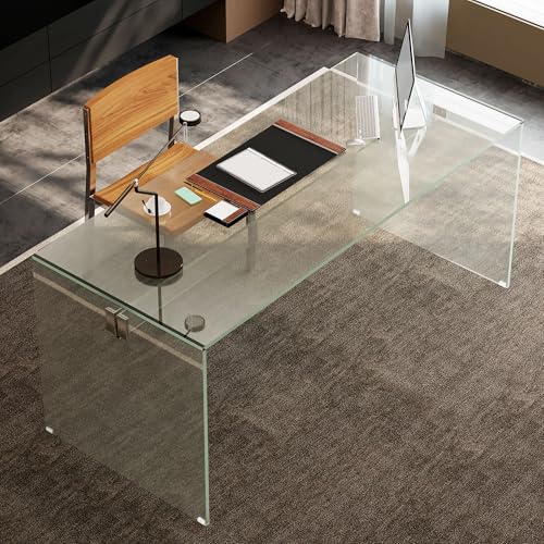 gaoyangjiaju Clear Tempered Glass Writing Desk – Minimalist Modern Computer Table with Metal Joints for Home Office or Study
