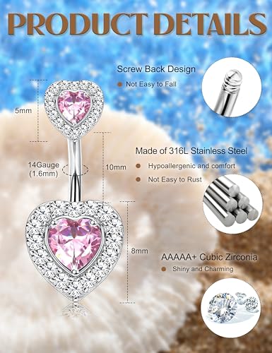 LOLIAS 10 Pcs Gold Belly Button Ring -Dangle Surgical Stainless Steel Belly Rings for Women 14G CZ Heart Opal Clicker Floating Navel Belly Button Piercing Silver/Gold/Pink2