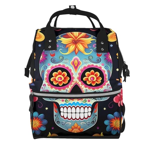 Grand sac à langer multifonction noir imprimé crânes de sucre pour ordinateur portable