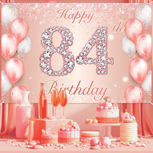 Image of Happy 84th Birthday Rose Gold Banner Cheers to 84 Years Old Backdrop Confetti Balloons Theme Decor for Women 84 Years Old Pink Birthday Party Decorations Bday Supplies Background Favors Gift Glitter