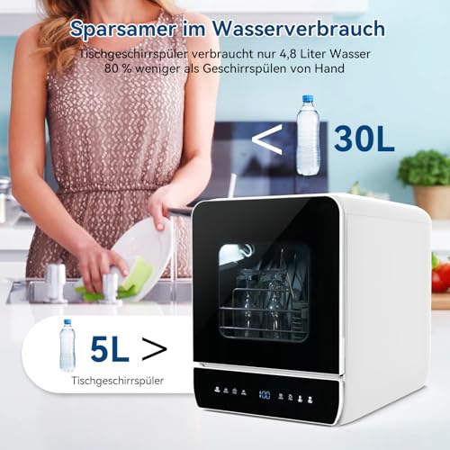 eklipt Mini Geschirrspüler für 3 Gedecke, Tischgeschirrspüler mit 7 Programme mit Trocknungsfunktion, mit/ohne Wasseranschluss Benutzbar, Spülmaschine 4.8L, Touch Control für Wohnmobile Wohnungen