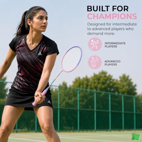 Image of Wide Body Aluminium Badminton Racket Set of 2 for Men & Women | Racquets with High Tension Strings | Indoor & Outdoor Racket with Carry Bag (Purple & Pink)