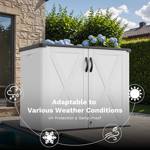 Image of Greesum Outdoor Storage Cabinet, 26 CUFT Deck Box Without Shelves, Waterproof Plastic Storage Shed for Patio Cushions, Gardening Tools, Sidehandles and Lockable, UV Resistant, White