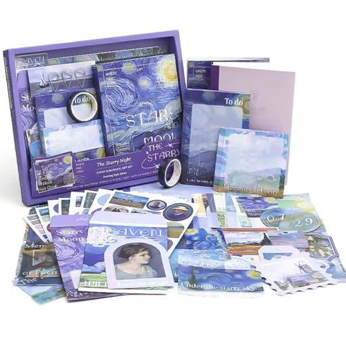 Image of The AutoStory Galaxy Scrapbook Kit A6 Junk Journal Notebook Aesthetic Universe Stickers Space Collage Paper Washi Tape DIY Craft Art Diary Material Set Gift Teens Girls (The Starry Night, Purple)