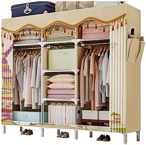 Simple Cloth Wardrobe 25mm Bold Reinforced Full Steel Frame Household Double Large Economical Storage Wardrobe - (Color: Red)