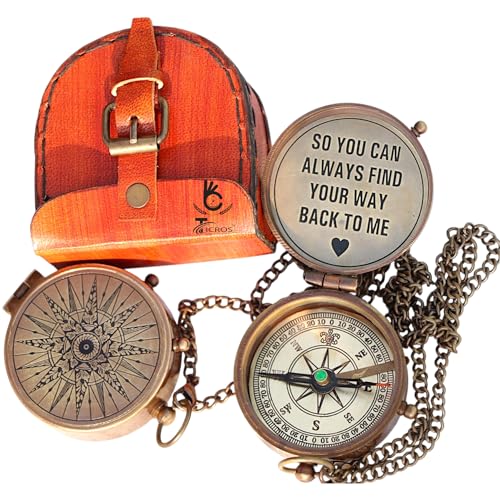 Brújula vintage de latón con cita grabada – “Para que siempre puedas encontrar tu camino de regreso a mí” – Brújula náutica antigua con estuche de cuero miniatura 4
