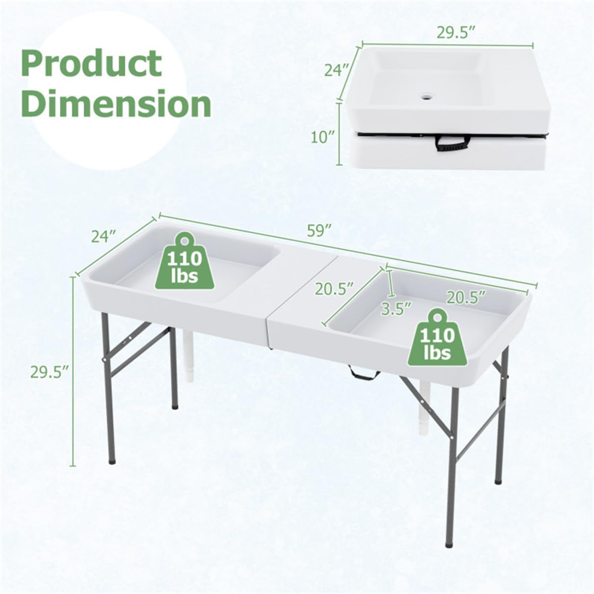Ice Cooler Table with Double Sinks for Outdoor Parties and Picnics, 3.5 Inch Deep Bins, Foldable Design with Carrying Strap