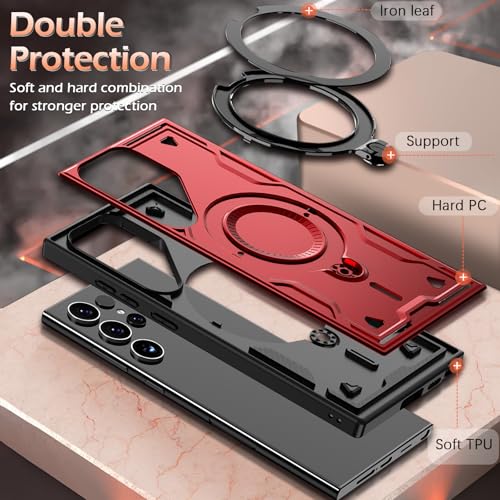 Image of for Samsung Galaxy S25 Ultra Case Magnetic with Stand, with Mag-Safe, with Screen Protector, Wireless Charging, Shockproof for Samsung S25 Ultra 5G Phone Case, Ring Holder Cover Red