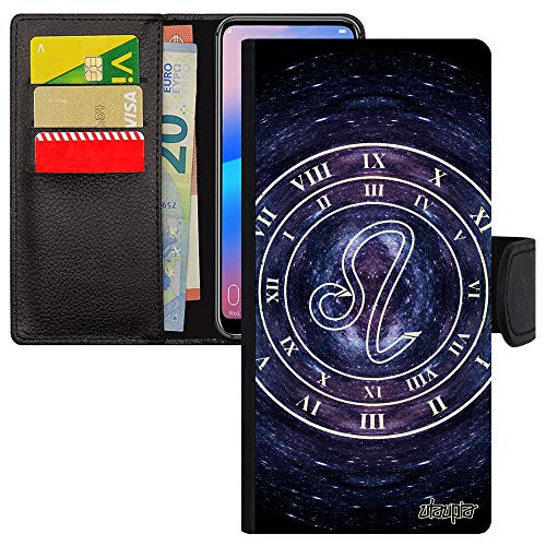 Coque iPhone 12 Pro Max Lion style portefeuille en cuir noir avec motif galaxie zodiaque