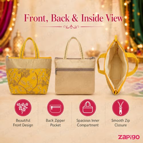 Image of Habba Embroidery Design Hand Bag for Women, Padded Handles, Zip Closure, Compact Ethnic Festive Wedding, Mehendi, Haldi Kumkum, Tamboolam, Shagun, Return Gift Bag for Guests, Pack of 5