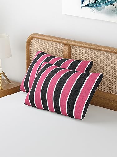 Image of 180 TC Pillow Cover Set of 2 | Pillow Cover Cotton 100% | Pillow Cover Set of 2 King Size | Wrinkle Free & Fade Resistance | Striped Pattern | Standard Size | All Season Use (Pink & Black)