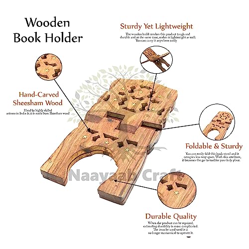 Image of Naayaab Craft Handmade & Handcraft Rehal Sheesham Wood Holy Book Stand Holder for Bible, Geeta, Quran in Folding and Carved Design Book Holder Display Stand - Size (13 Inch)
