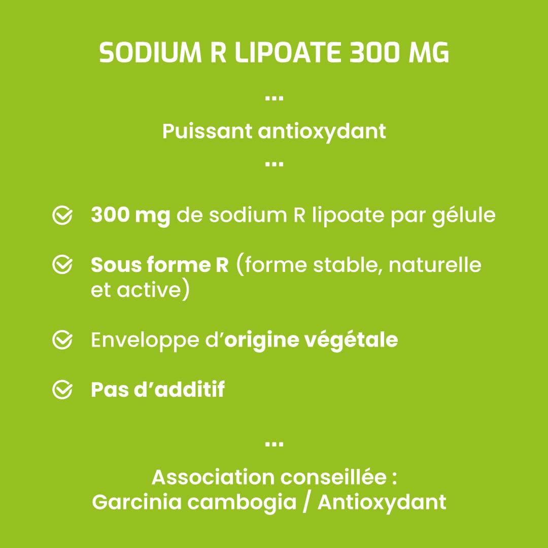 Complément alimentaire SODIUM R LIPOATE 300 MG - 60 gélules - Puissant antioxydant - Défenses naturelles - Développé en France