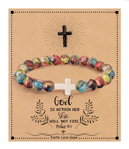 Image of Cross Bracelets for Women, Christian Gifts for Women Stocking Stuffers for Teens Cross Bracelet Imperial Nature Stone Bead Bracelet Confirmation Baptism Gift for Teen Girls Christmas Religious Gift Cathlic Faith Jewelry