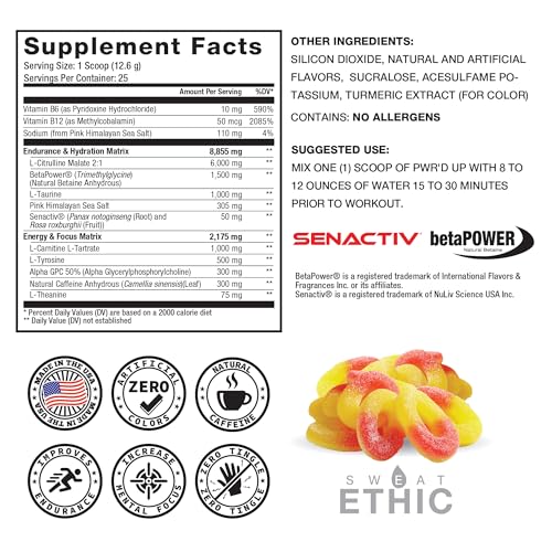 Image of Sweat Ethic PWR'D UP Pre Workout, Natural Caffeine, No Beta Alanine, Zero Tingle, Supports Training & Performance, Easy Mix Powder for Preworkout Energy, Peach Rings Flavor, 50 Servings