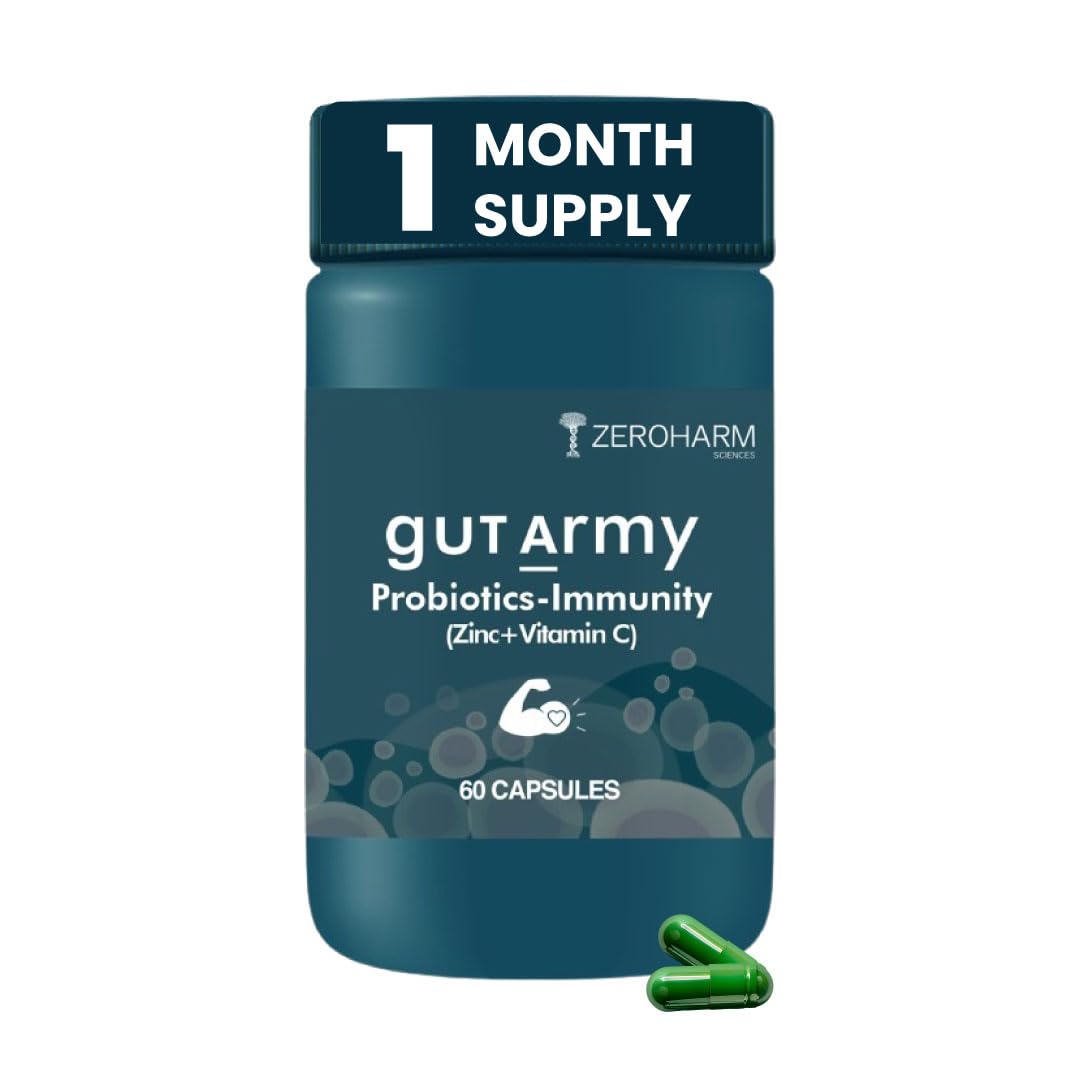 ZEROHARM Gut Army Probiotics & Prebiotics | Psyllium Husk, Lactobacillus Acidophilus, Vitamin C & Zinc | Immunity and Gut Health Supplement | Promotes Natural Gut Health & Digestion | 60 Veg Capsules