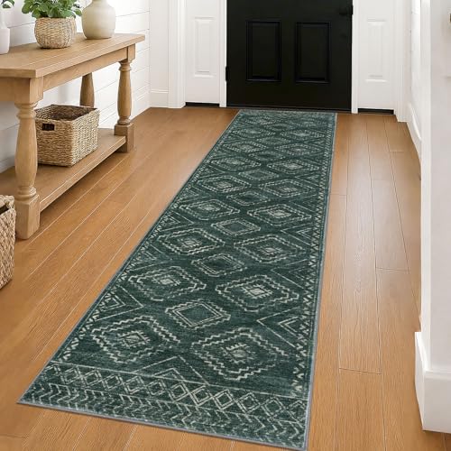 KILOCOCO Hallway Runner Rug 2'x8' Runners for Hallways Washable Runner Rug Non Slip Laundry Room Rug Low-Pile Rug Runner for Bedroom Kitchen Living Room Boho Rug, Green