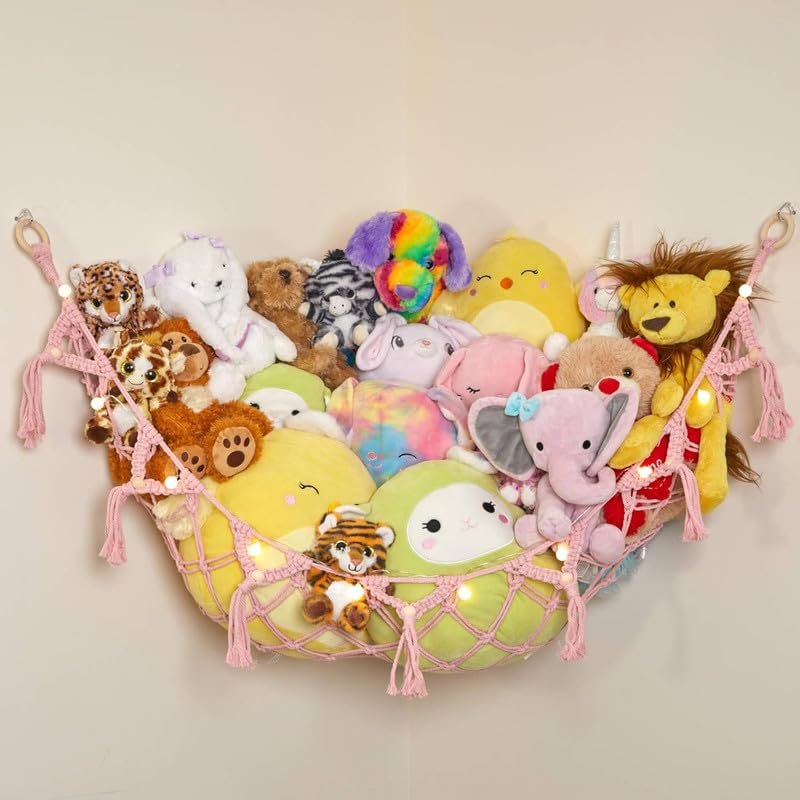 Lilly's Love Stuffed Animal Storage Macrame Hammock w/String Lights - Large, 2 Pack - Boho Decor Toy Storage - Corner Hanging Plushie Stuffed Animal Net Organizer (Light Pink)