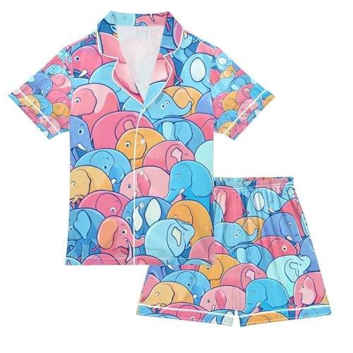 senya Cute Elephants Blue Satin Summer Pajama Sets Silk Short Sleeve Button Down Sleepwear