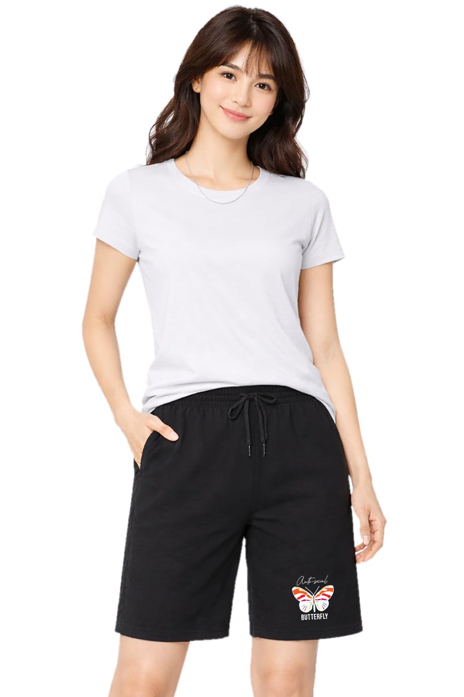 Casual Knee Length Butterfly Printed One Side Pockets Womens Short Black 4X-Large-image-29