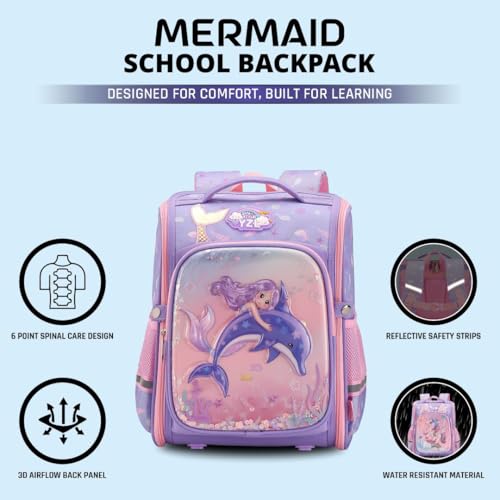 Image of Elios Mermaid School Backpack for Girls Age 6 to 10 | 6-Point Spinal Care Design | Smart Spine System | Water Resistant, Reflective Safety Strips, Lightweight Ergonomic Bag for Class 2 to 5