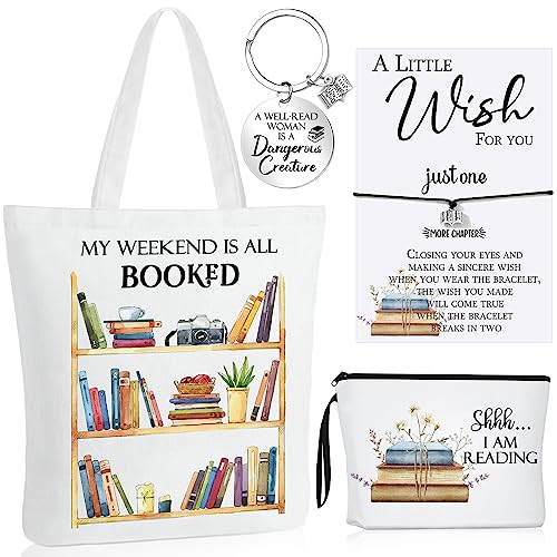 Sweetude 4 Pcs Book Lovers Gifts Sets Include Book Tote Bag, Bookworm Bracelet with Wish Card, Canvas Makeup Bag, Bookish Keychain for Readers Book Lover Gifts
