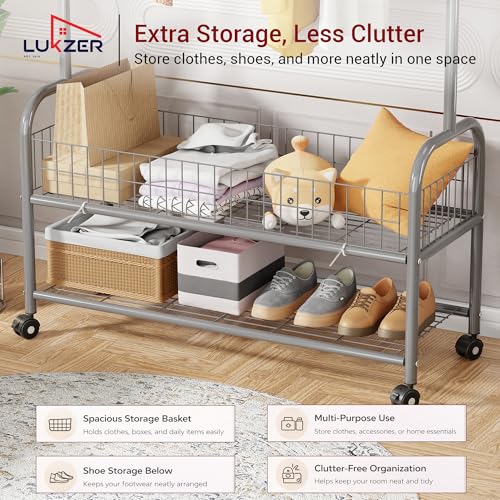 Image of Lukzer | MGR-002 | Grey | Metal Cloth Stand & Garment Rack with Wheels, 2 Bottom Shelves & Single Rod - Space-Saving Clothes Organizer for Bedroom, Bathroom, Office & More | 173 x 90 x 34 cm