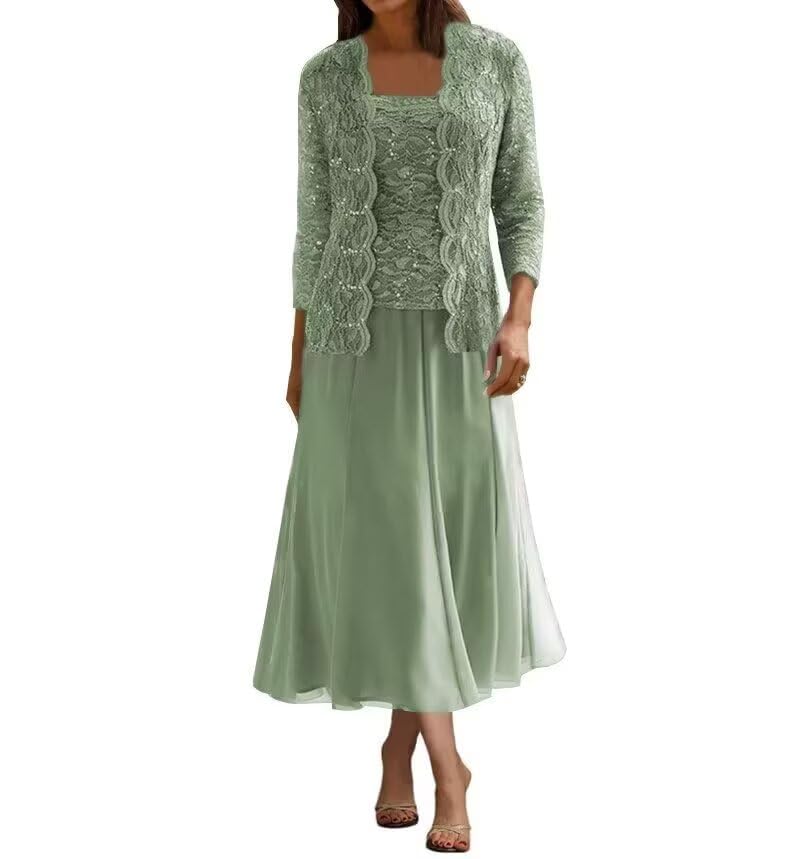 Pieces Mother of The Bride Dresses for Wedding Tea Length Chiffon Formal Evening Dresses with Jacket