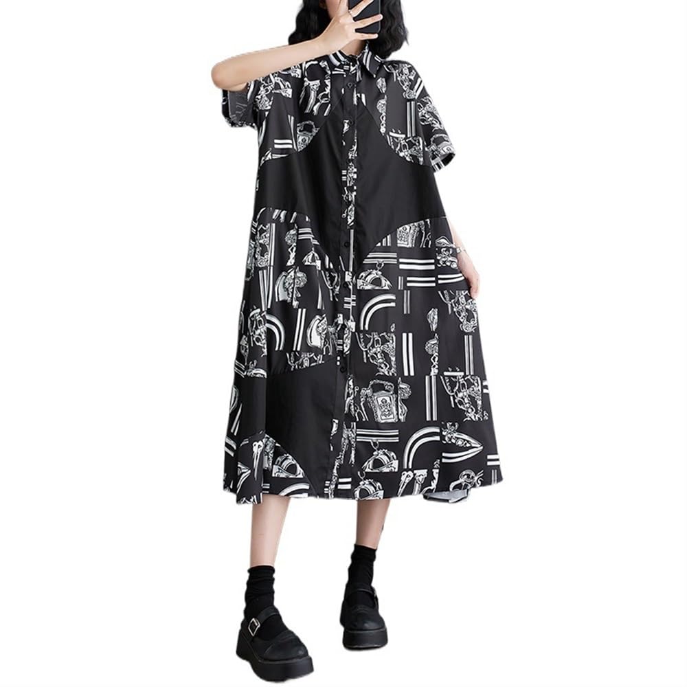 LUXRUBWomen Oversized Fashion Printed Shirt Dress Korean Style Lapel Short Sleeves Flowy Big Swing Loose Casual Midi Dress
