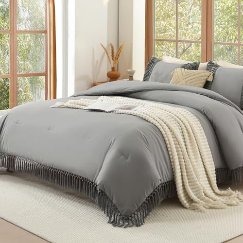 Image of Andency Comforter King Size Set Medium Grey, 3 Pieces Boho Tassel Lightweight Fluffy Bedding Comforters & Sets, Soft All Season Bed Set (104x90In Comforter & 2 Pillowcases)