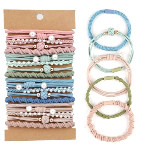 Haargummi, 20 Stück Boho Haargummis Damen, Geflochtener Zopfgummi mit Perlen, Niedliche Pferdeschwanz Inhaber für Damen Mädchen Dickes Dünnes Haar Boho Haargummi Armbänder (Perlen)