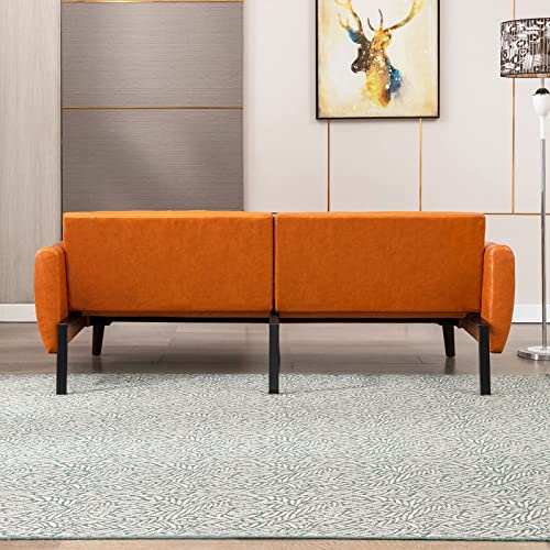 Mjkone Convertible Futon Sofa Bed Faux Leather Sofa Couch Modern 77 Inch 2 Seater Leather Couch With Hand-Stitched Comfort Cushion For Living Room Apartment Small Space - Cognac #TOP6