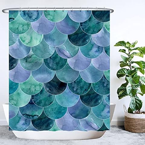 Ulticool Cortina de Ducha - Libra Sirena Olas - 180 x 200 cm - Lavable - Anti Moho - con 12 Anillos Blanco - Semi Transparente - Azul Verde Cover
