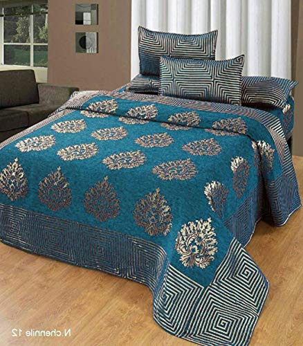 Image of Fresh from Loom Chenille 500 TC Double Bedsheet, Dimas Print Design with 2 Pillow Covers, Bedsheet Set for Bedroom Styling, Soft Touch Breathable Beddin 90x100 Inches | Jhumka Sky Blue | Chenille