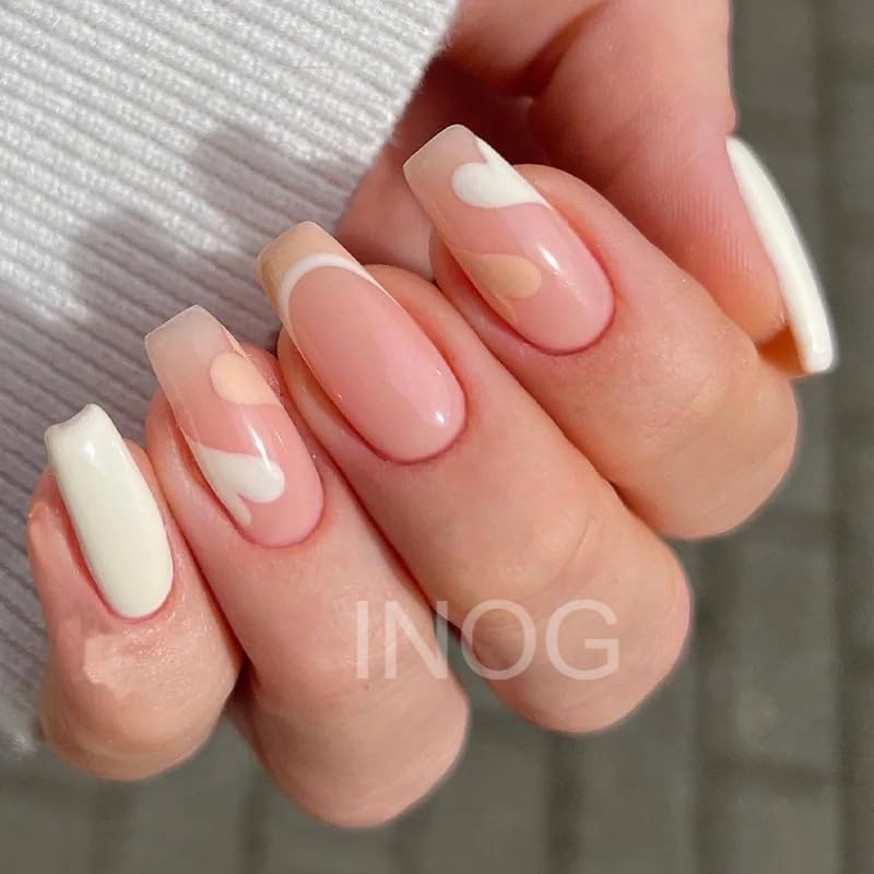 INOG Press On Nails- Nails for Women Press on Nails Short, Glue On Nails Fake Nails Manicure Set with Glue Tab Sticker 24 PCS/Set (French Nude Heart)