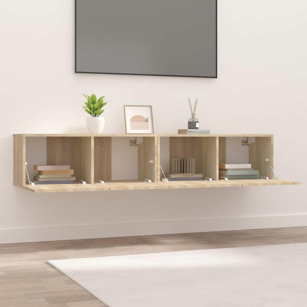 Set 2 Mobili TV Sospesi Rovere Sonoma 80x30x30 cm | Mensole sospese per soggiorno e camera da letto, dotate di ante a ribalta per organizzare decoder e accessori.