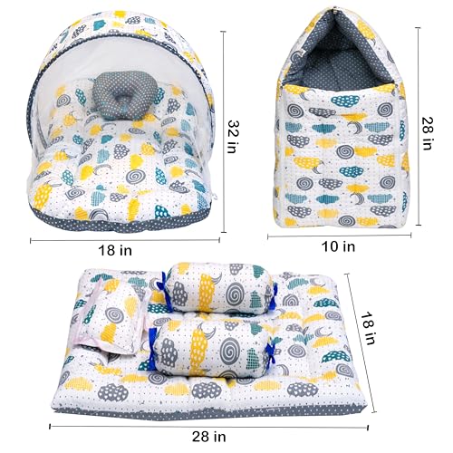 Image of Fareto Combo of Baby Bed with Net | Carry Bag | 4 Pcs Bedding Set (0-6 Months, Baby Size, Cotton) (Grey Sprial)
