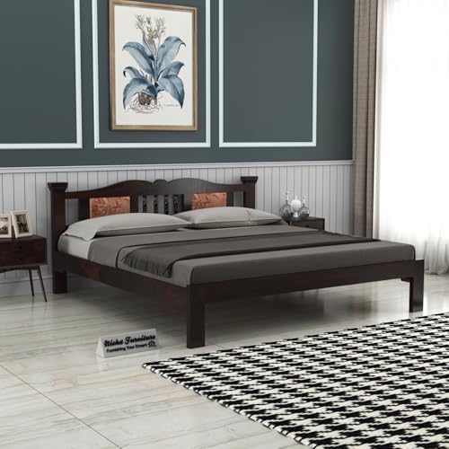 Image of Sheesham Wood King Size Bed | Wooden Double Bed Palang Without Storage | Walnut Finish | Master Bedroom | Guest Room | DIY Assembly | with Headboard