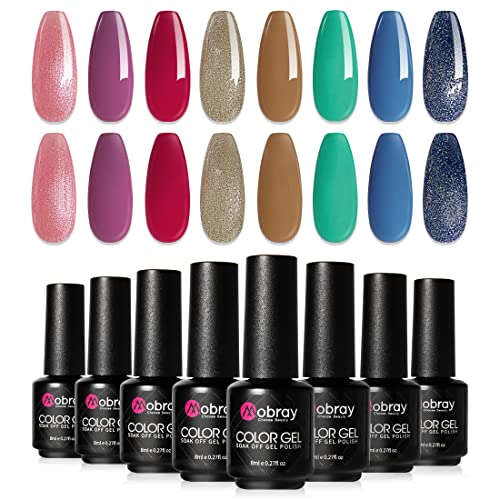 Mobray Gel Nail Polish Kit 8 Colors UV/LED Soak Off Autumn Fall Winter Coffee Purple Red Blue Glitter Nail Gel Polish Set for Starter Nail Art Salon Manicure, 8ml Each Bottle