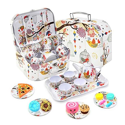 Elsatsang 24 Piece Birds and Flowers Pretend Tin Teapot Party Set with a Carrying Case & 9 Food Sweet Treats Playsets for Kids Kitchen Pretend Play