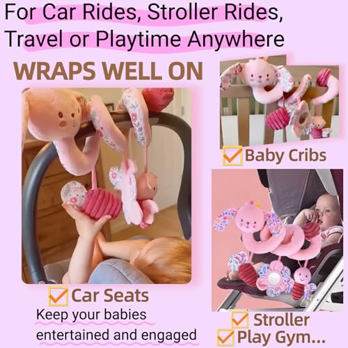 Image of Spiral Car Seat Toy for Babies 0-6-12 Months Girl, Stroller Hanging Baby Toys 0-3-4-5-6-7-8-9-12 Month Old Newborn Infant Toddler Rabbit Gifts Travel Carseat Mirror Crinkle Bunny Accessories