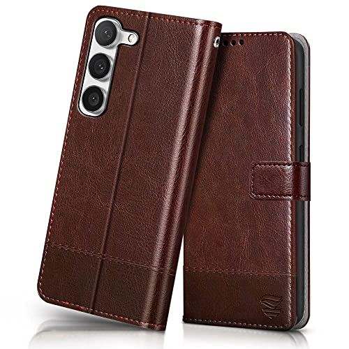 Image of FLIPPED Vegan Leather Flip Case Back Cover for Samsung Galaxy S23 5G (Flexible, Shock Proof | Hand Stitched Leather Finish | Card Pockets Wallet & Stand | Tan with Brown)