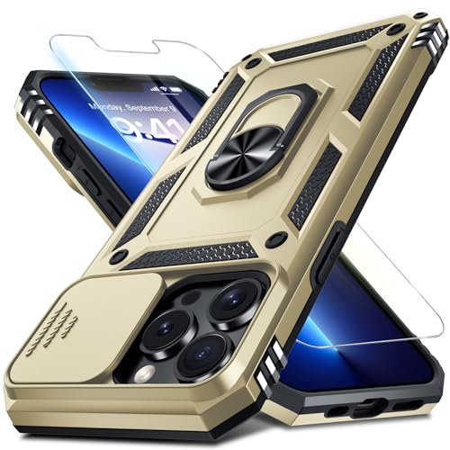 Janmitta Case for iPhone 14 & iPhone 13 Phone Cover Built in Slide Camera Lens Cover+Screen Protector,Heavy Duty Shockproof Full Body PhoneCase with Finger Ring Holder Kickstand,Gold
