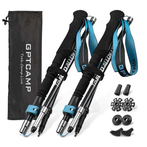 GPTCAMP Walking Sticks Collapsible Hiking Poles,Lightweight Trekking Poles Made of Carbon -Aluminum,2pc Folding Halking Stick for Men & Women,with Extra-Long Foam Handle and Flip Lock,Blue
