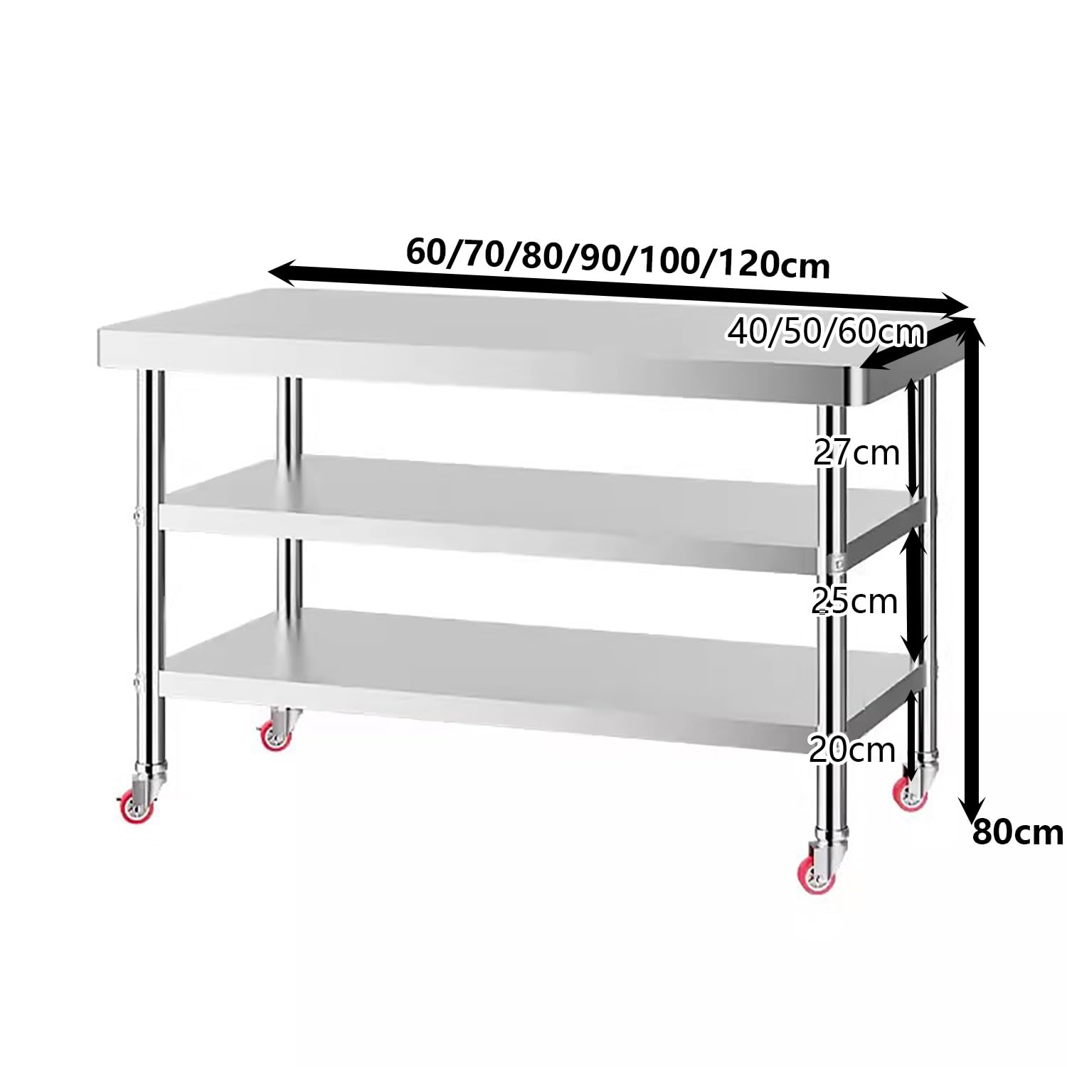 Mesa de preparación de acero inoxidable con ruedas giratorias de 360°, estación de preparación de alimentos para uso doméstico y restaurante
