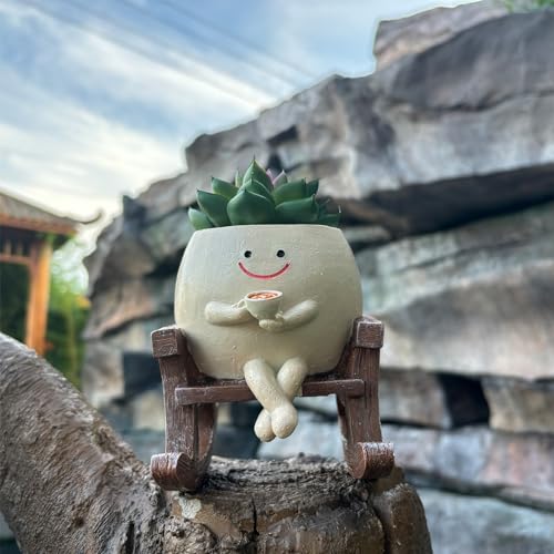 Macetas, Home KEANVIK - Macetera única con taza de café, divertidas macetas de resina para plantas, maceta de cabeza pequeña con cara de sonrisa para suculentas, cuerdas,...
